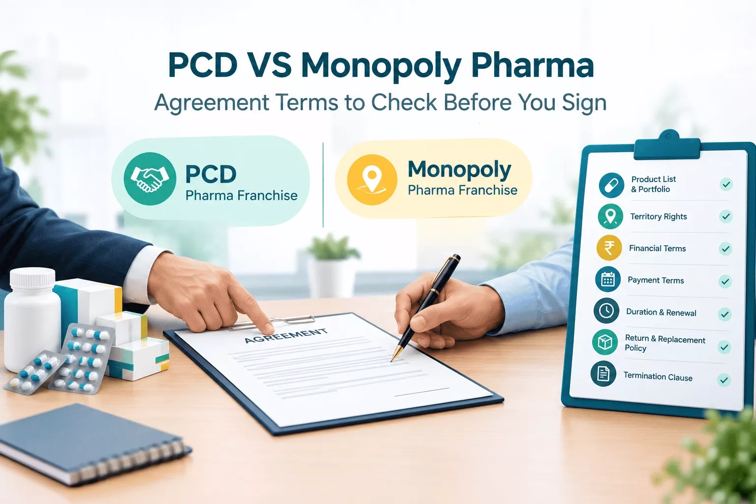 Two people reviewing a pharma franchise agreement next to a checklist of terms to check before signing