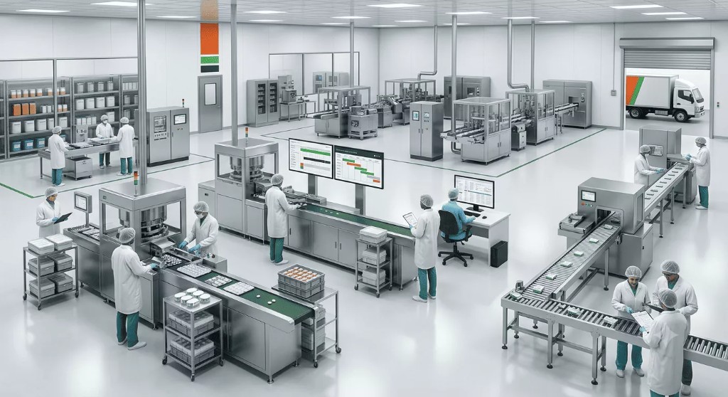 Wide view of a modern pharmaceutical manufacturing floor with automated lines and digital monitoring