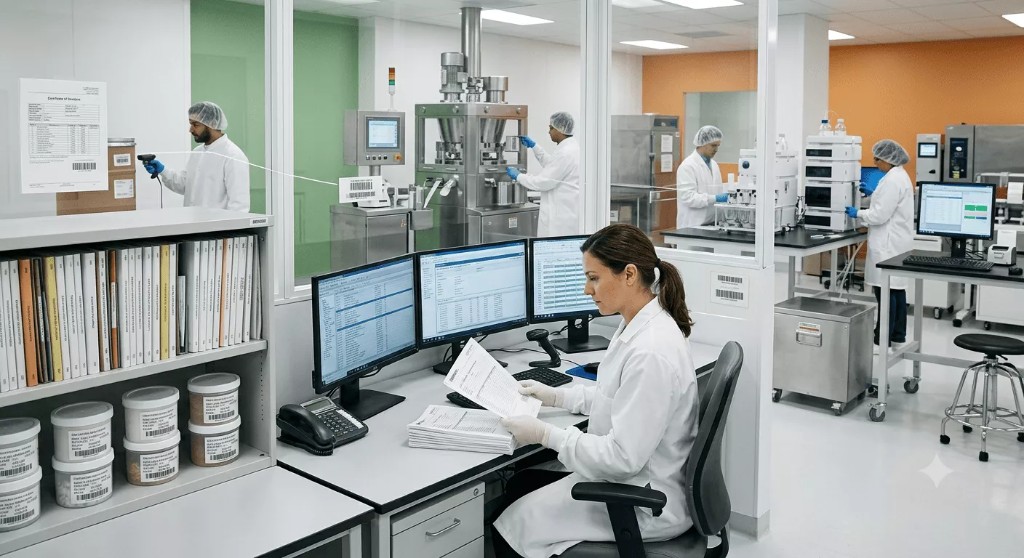 Technician reviewing batch records and data logs in a GMP-compliant pharmaceutical facility