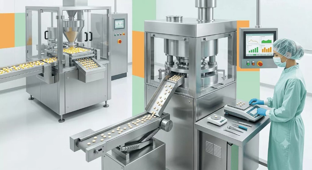 Rotary tablet press producing tablets while a technician performs in-process weight checks